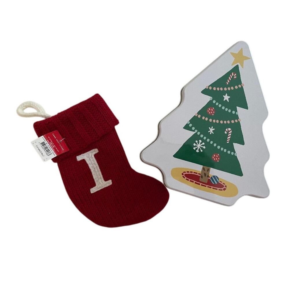 Knit Monogram LETTER I MINI 8"‎ Christmas Stocking RED Wondershop & Tin Box